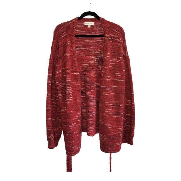 Knox Rose Fuzzy Eyelash Belted Relaxed Fit Cardigan Sweater Women's Size L Red - Picture 5 of 10
